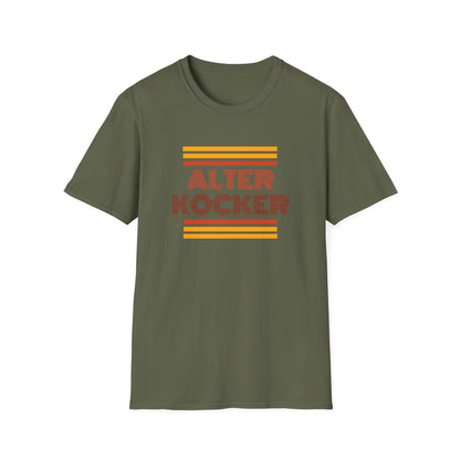 Green t-shirt with 'Alter Kocker' text and orange stripes on a white background