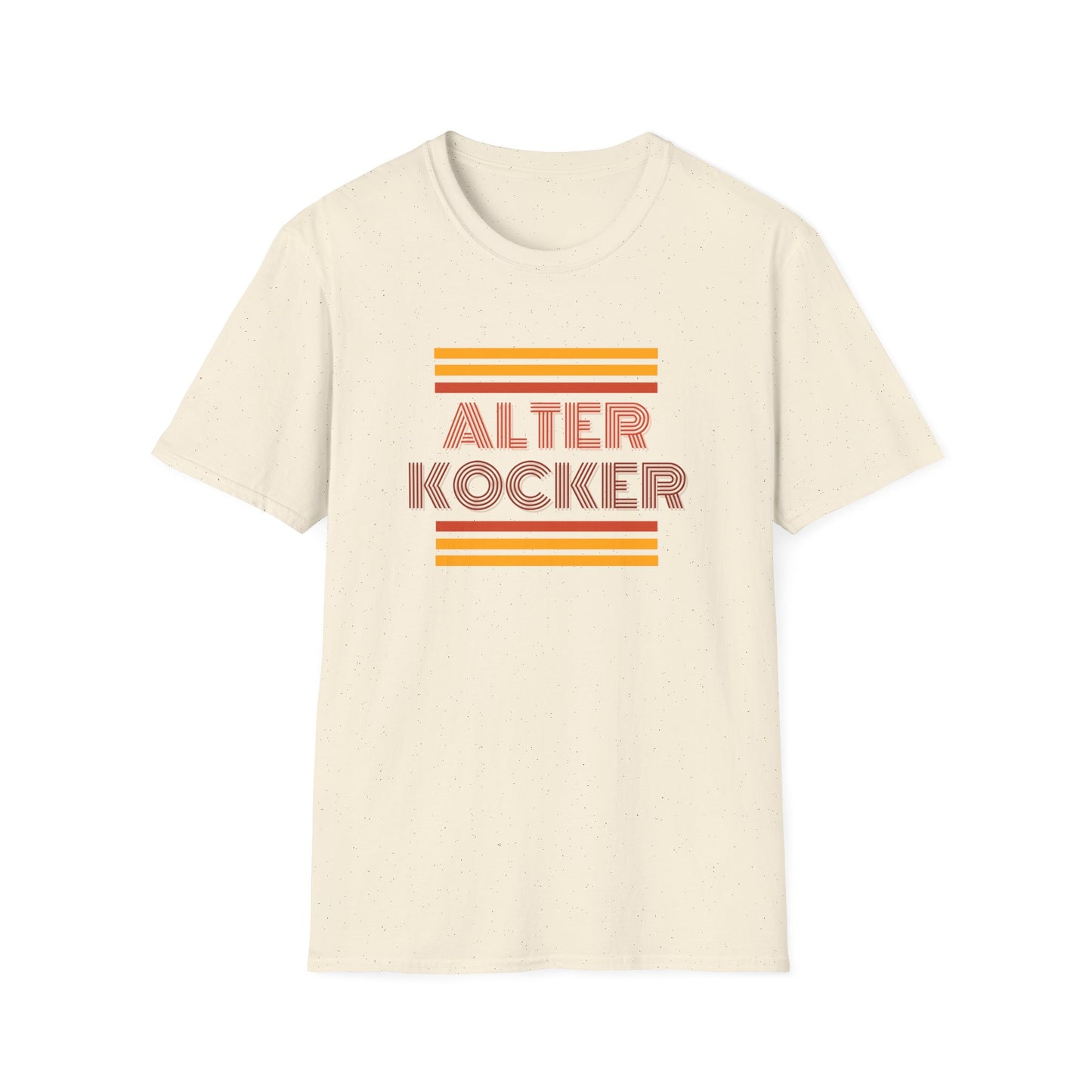 Beige t-shirt with 'Alter Kocker' text and orange stripes on a white background