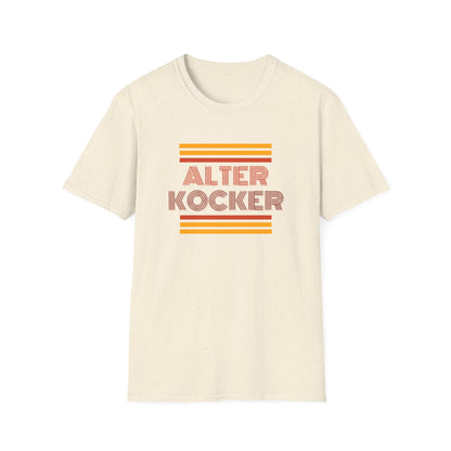 Beige t-shirt with 'Alter Kocker' text and orange stripes on a white background