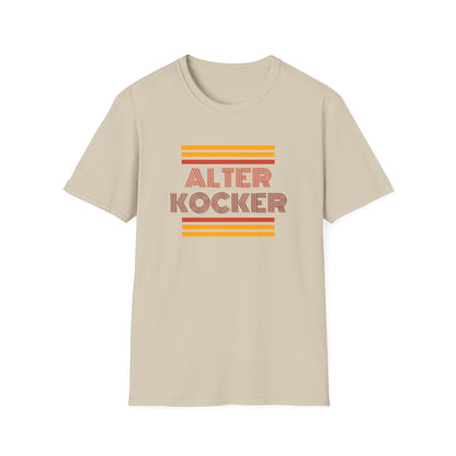 Beige t-shirt with 'Alter Kocker' text and retro-style stripes on a white background