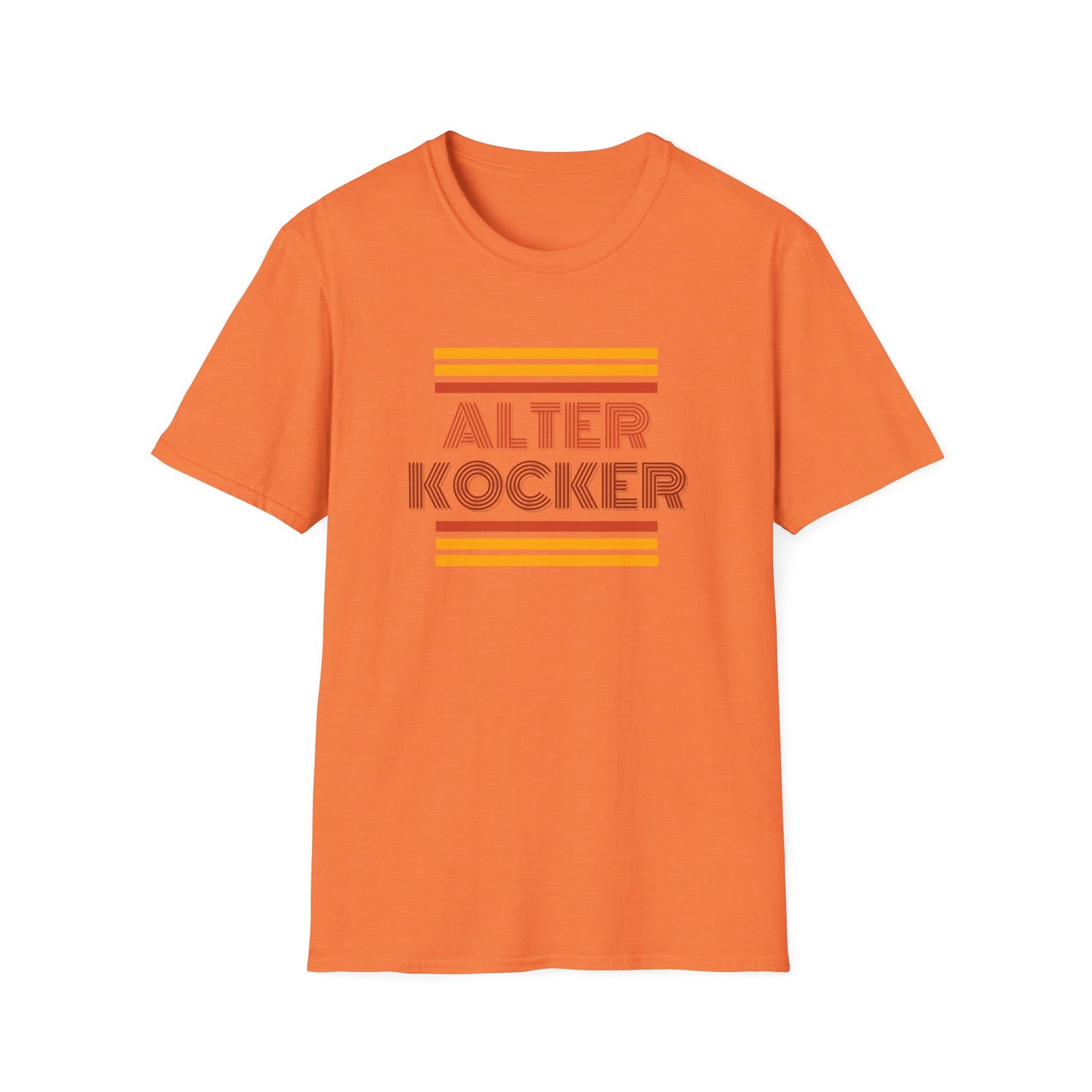 Orange t-shirt with 'ALTER KOCKER' text on a white background