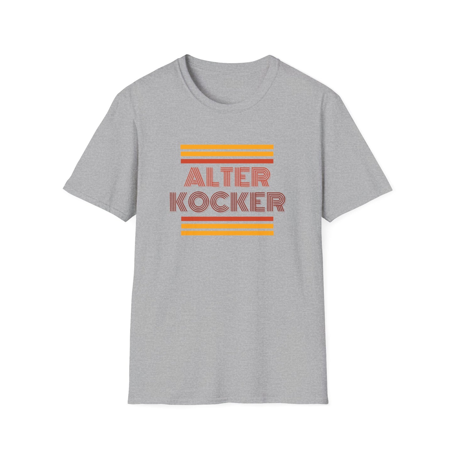 Gray t-shirt with 'Alter Kocker' text and orange stripes on a white background