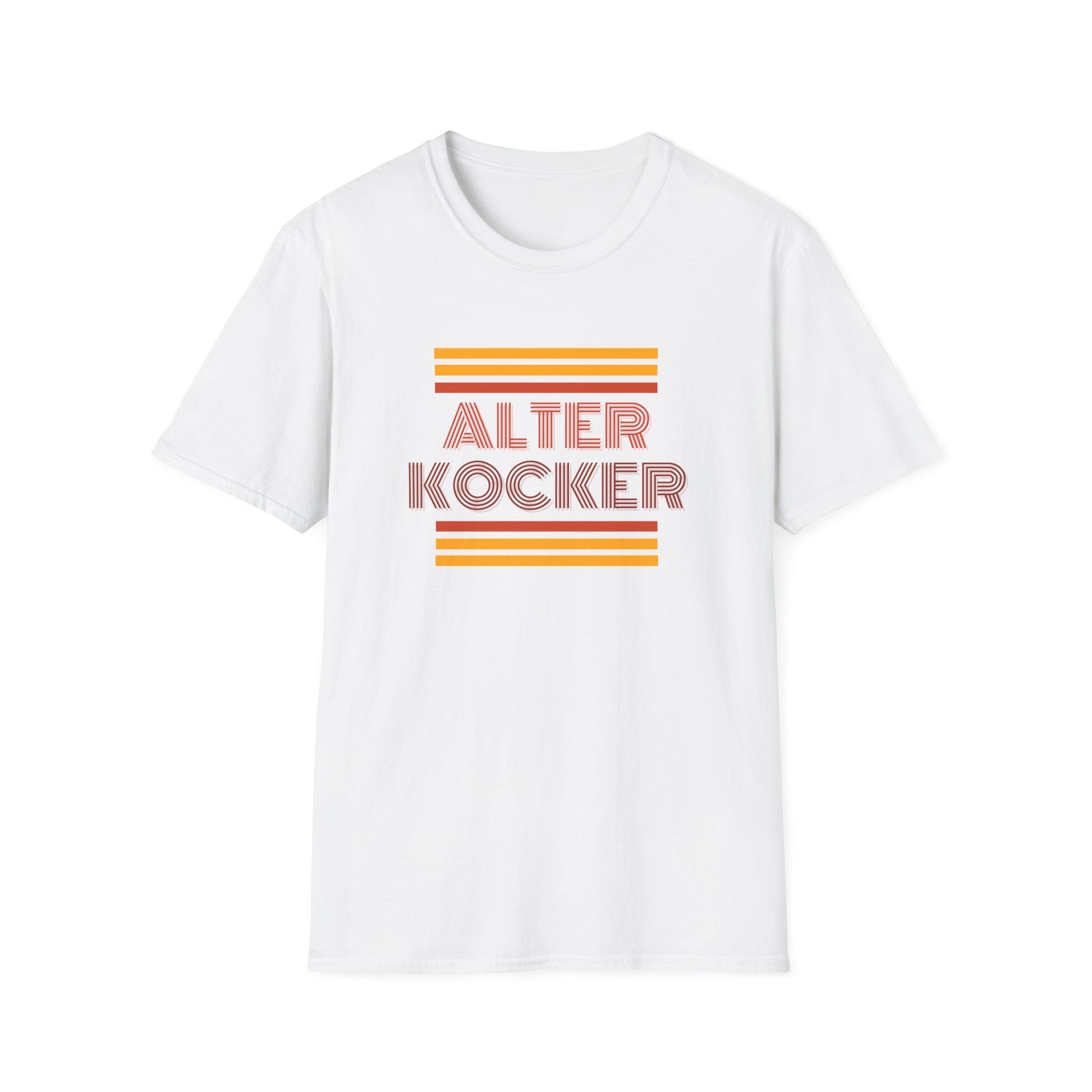 White tee with retro striped typography reading 'Alter Kocker' in orange and red.
