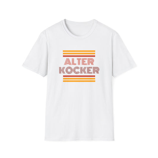 White tee with retro striped typography reading 'Alter Kocker' in orange and red.
