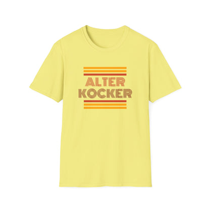Yellow t-shirt with 'Alter Kocker' text and retro-style stripes on a white background