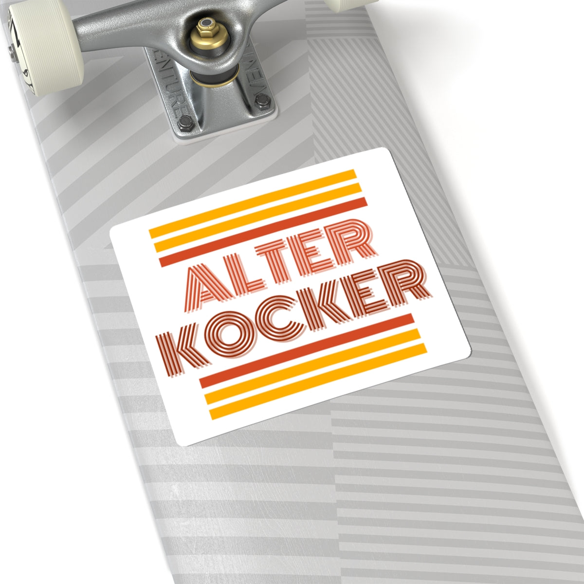 Skateboard with 'Alter Kocker' sticker on a white background