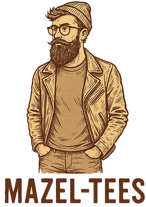 Illustration of a stylish man with text 'MAZEL-TEES' below