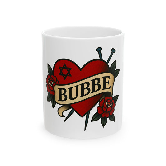 White mug with a heart design and 'Bubbe' text on a white background
