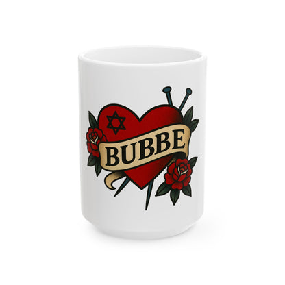 White mug with a heart design and 'Bubbe' text on a white background