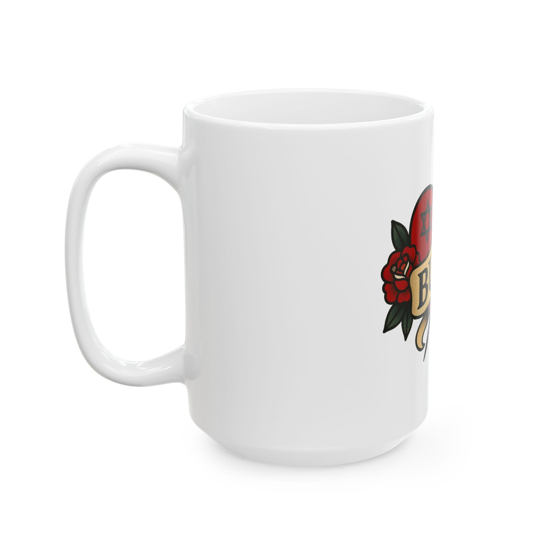 White mug with a tattoo-style rose design on a white background