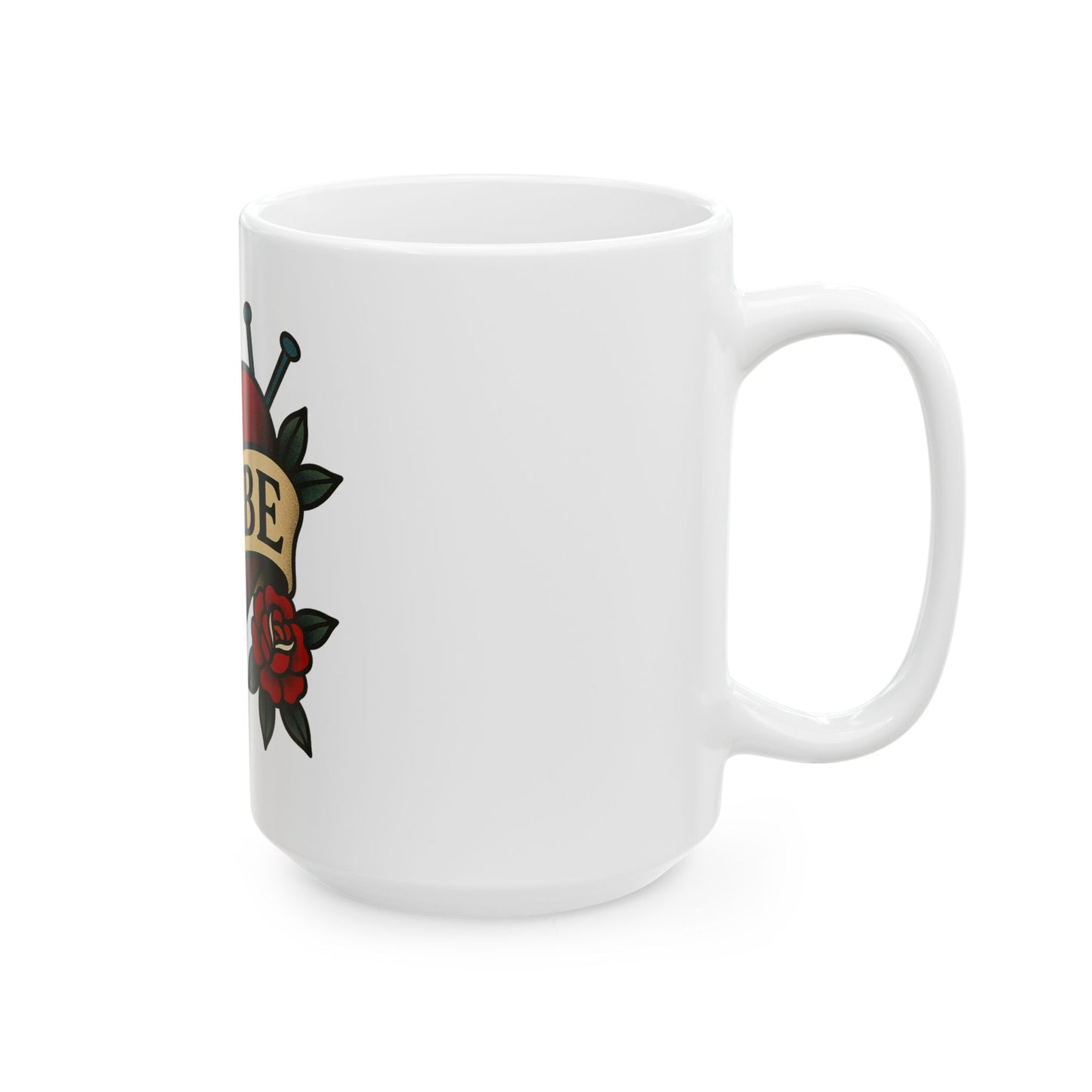 White mug with tattoo-style design featuring a rose and snake on a white background