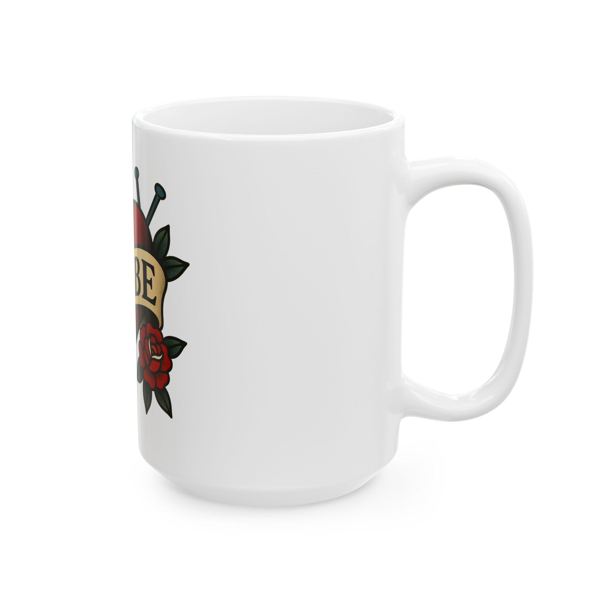 White mug with tattoo-style design featuring a rose and snake on a white background