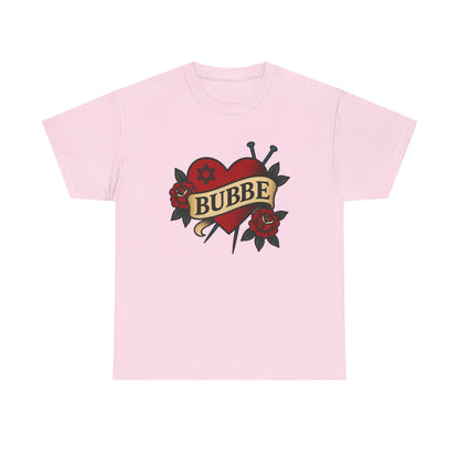 Pink t-shirt with a heart design and 'Bubbe' text on a white background