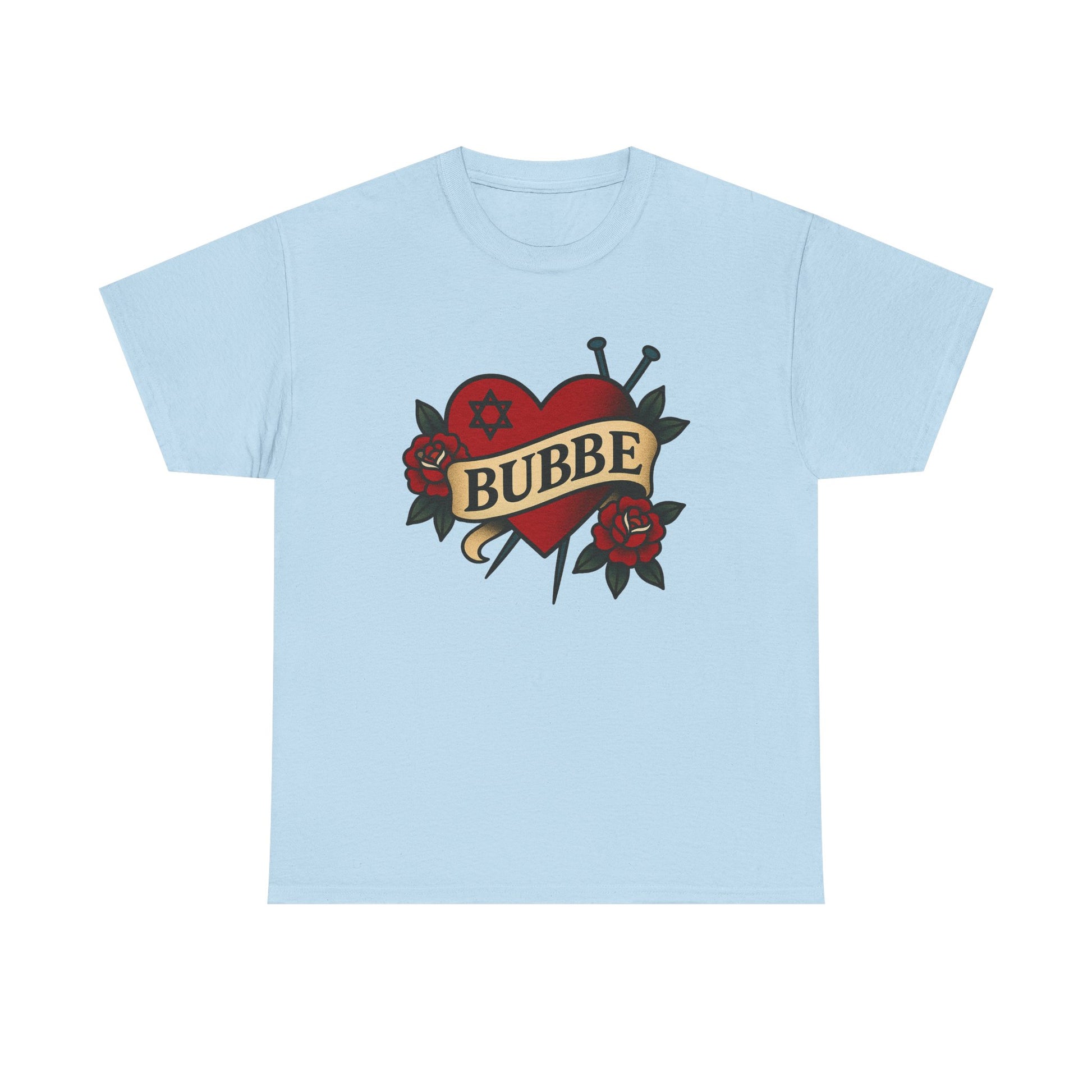 Light blue t-shirt with a heart design and 'Bubbe' text on a white background