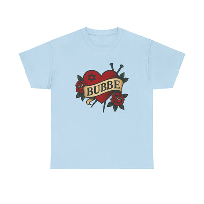 Light blue t-shirt with a heart design and 'Bubbe' text on a white background