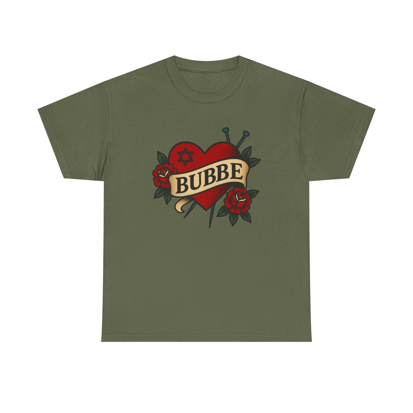 Green t-shirt with a heart design and 'Bubbe' text on a white background