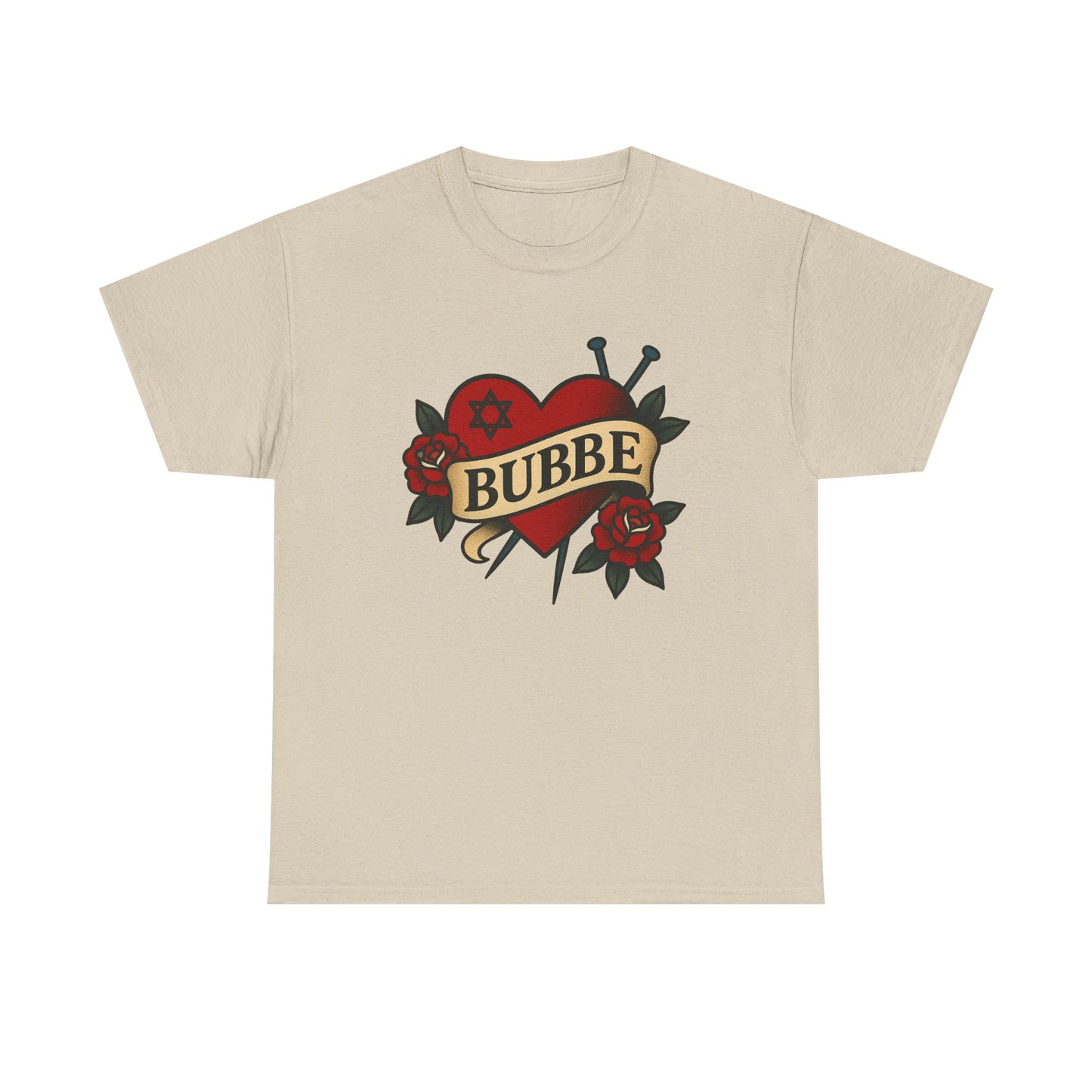 Beige t-shirt with a heart design and 'Bubbe' text on a white background