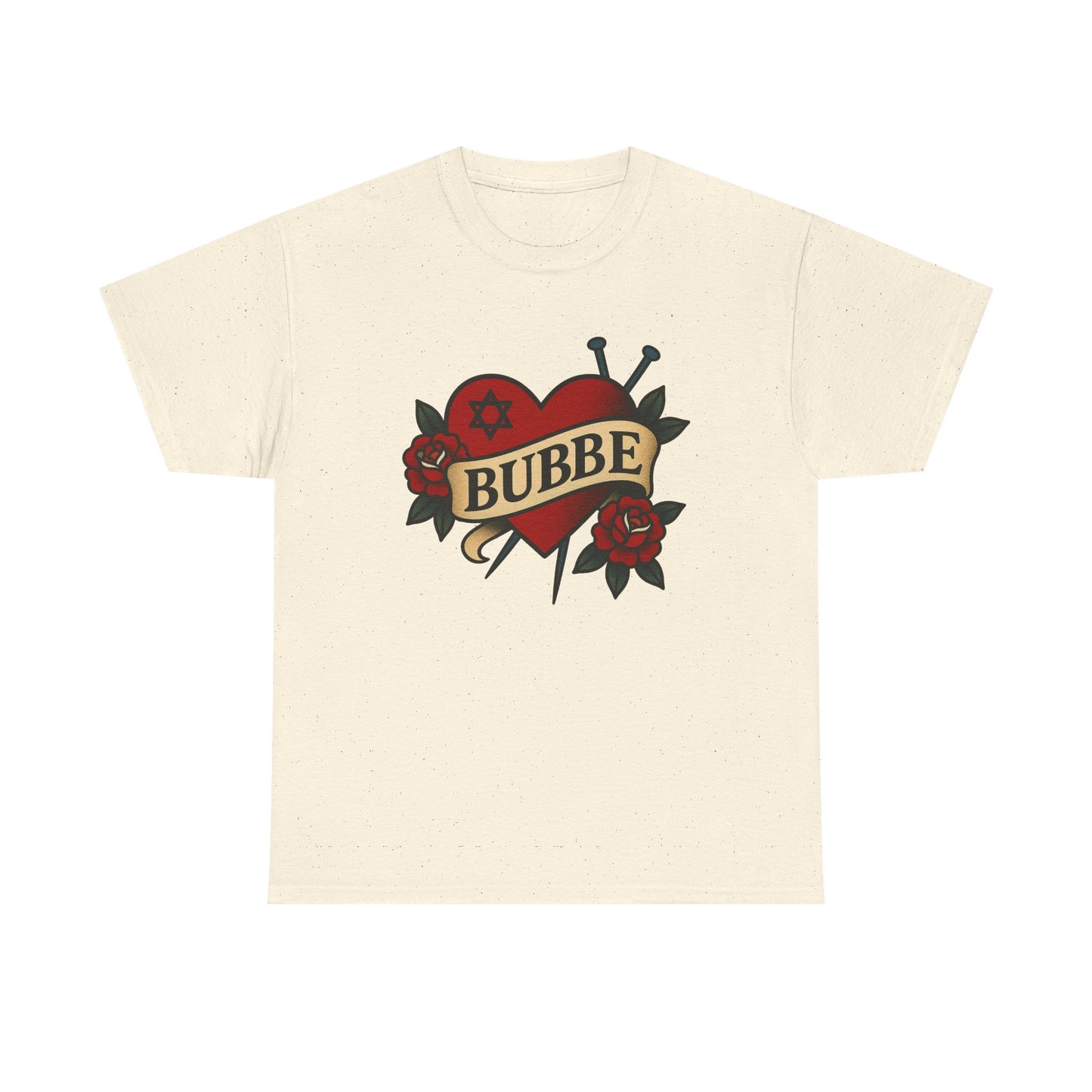 Beige t-shirt with a heart design and 'Bubbe' text on a white background