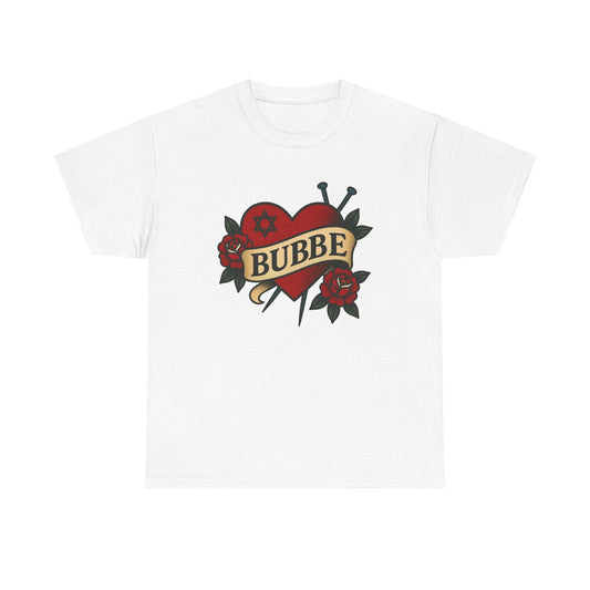 White t-shirt with a red heart design and 'Bubbe' text on a white background