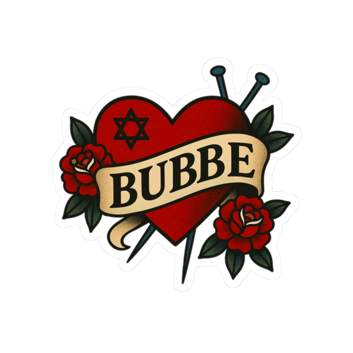 Heart-shaped tattoo design with 'BUBBE' text and roses on a white background
