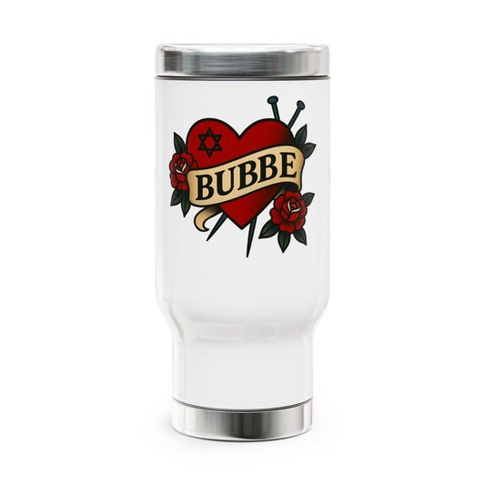 White tumbler with a red heart design and 'Bubbe' text on a white background