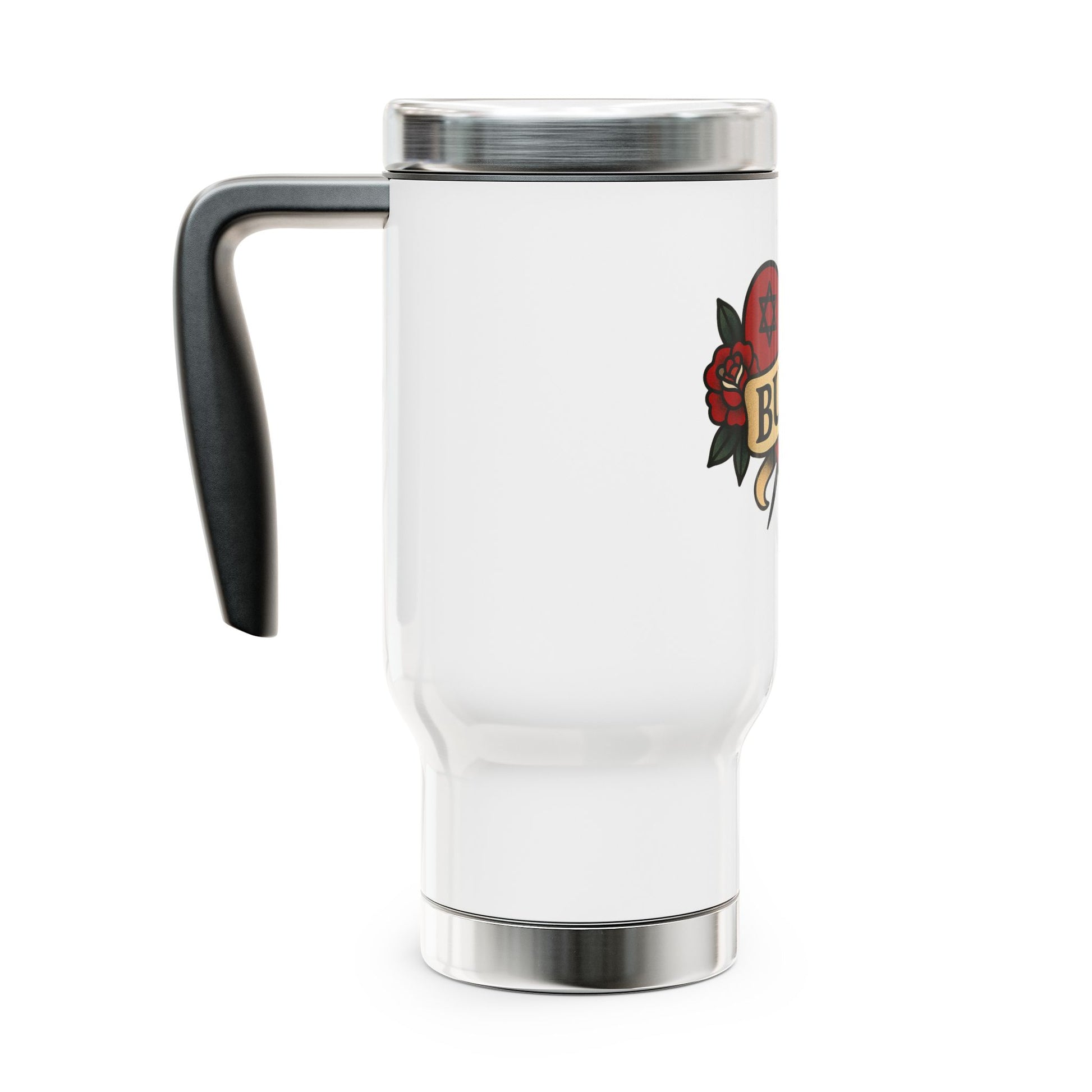 White travel mug with a black handle and a logo on a white background