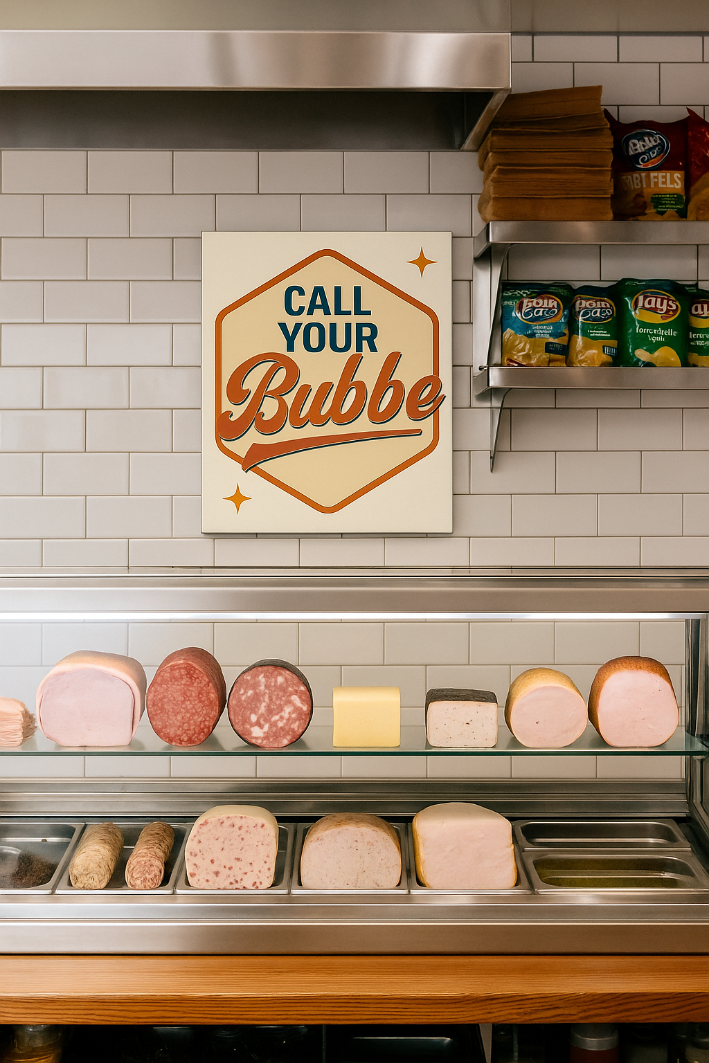 Deli counter with various meats and a print that says 'Call Your Bubbe' on a tiled wall.