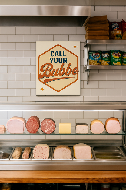 Deli counter with various meats and a print that says 'Call Your Bubbe' on a tiled wall.