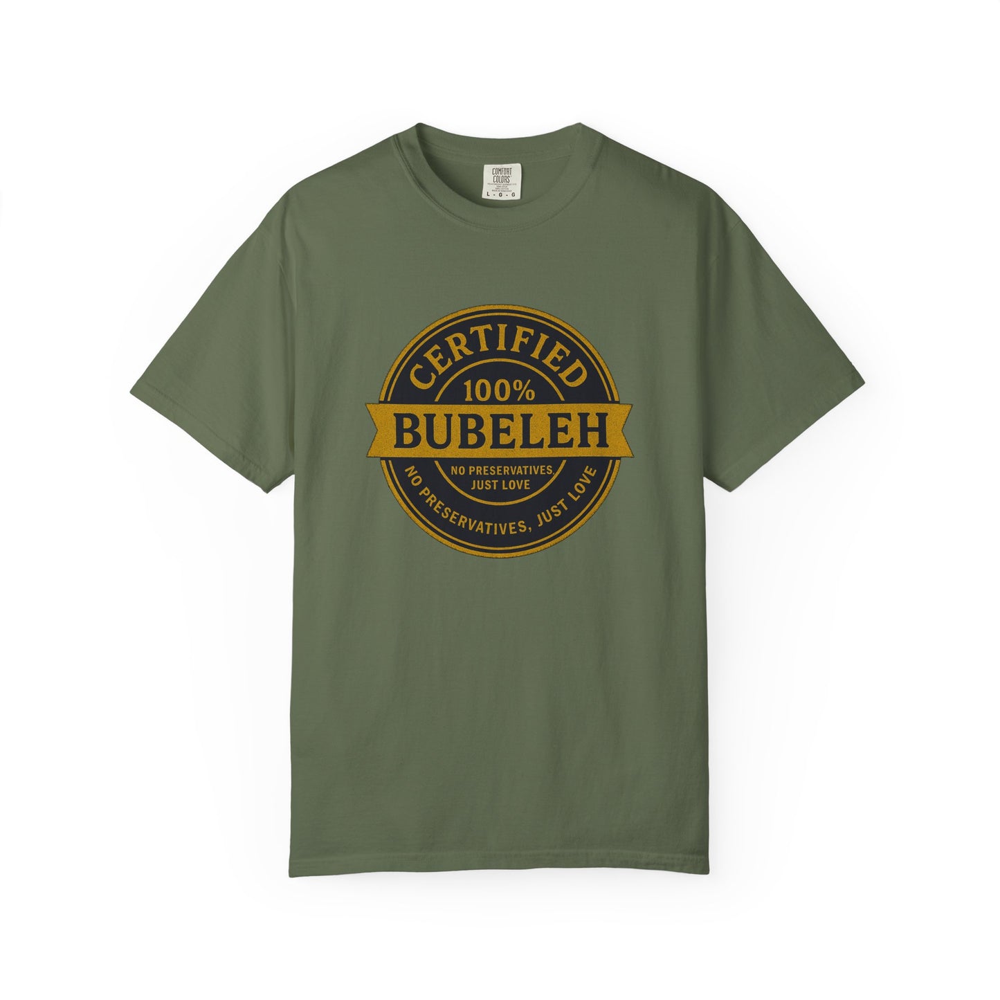 Green t-shirt with 'Certified 100% Bubeleh' text on a white background