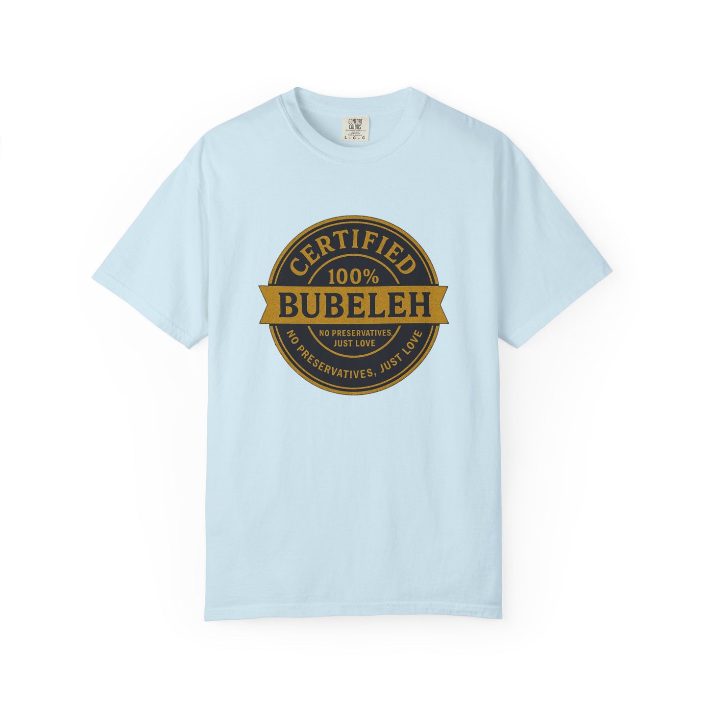 Light blue t-shirt with a gold and black graphic on a white background