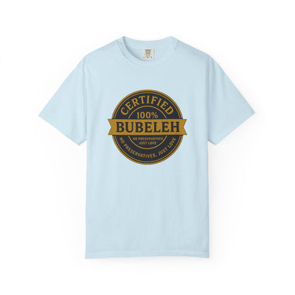 Light blue t-shirt with a gold and black graphic on a white background