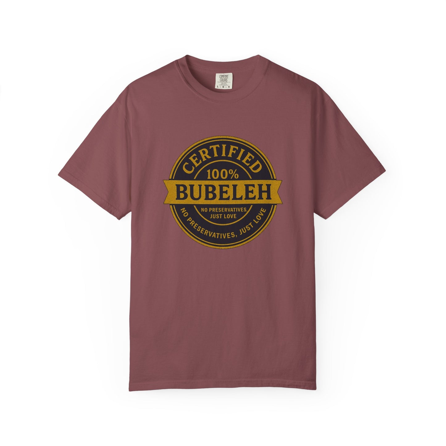 Maroon t-shirt with 'Certified 100% Bubeleh' text on a white background