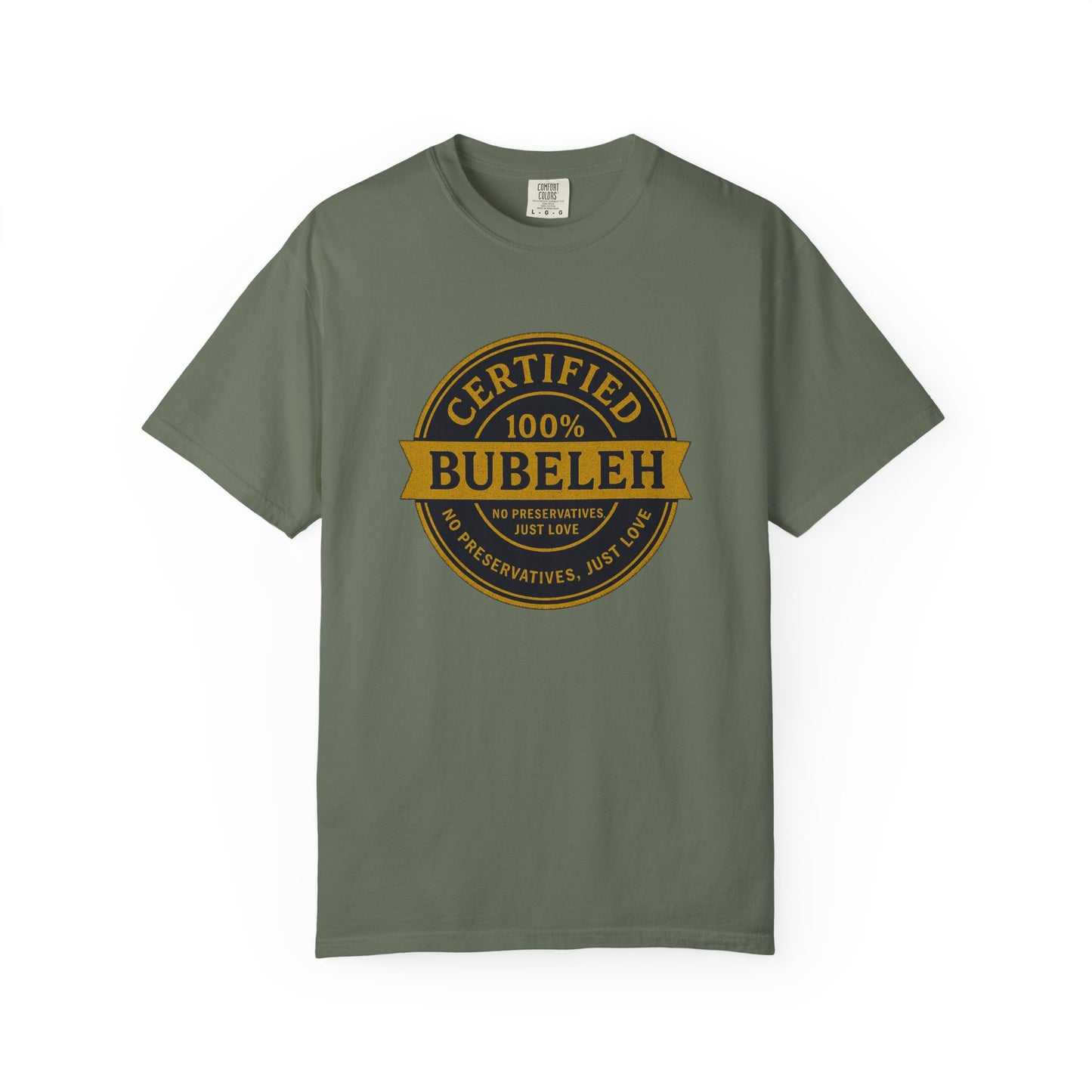 Green t-shirt with 'Certified 100% Bubeleh' text on a white background