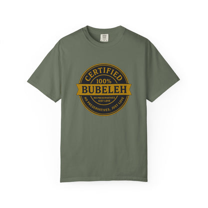 Green t-shirt with 'Certified 100% Bubeleh' text on a white background