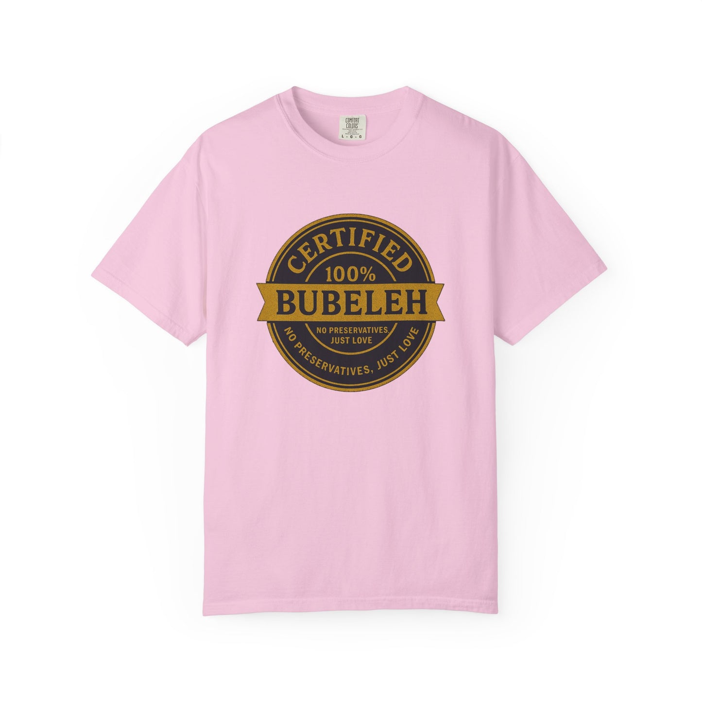 Pink t-shirt with a gold and black graphic on a white background