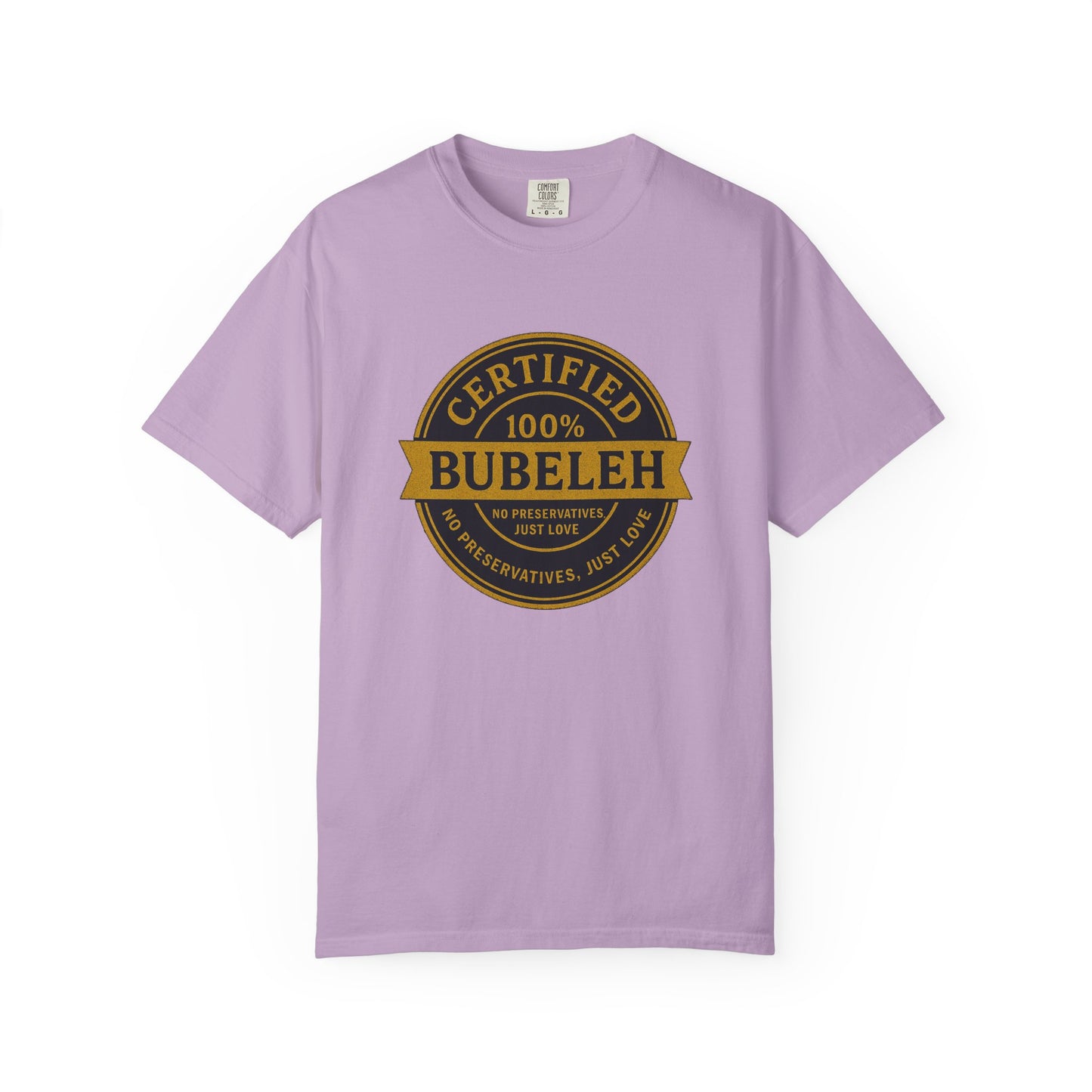 Purple t-shirt with a gold and black graphic on a white background