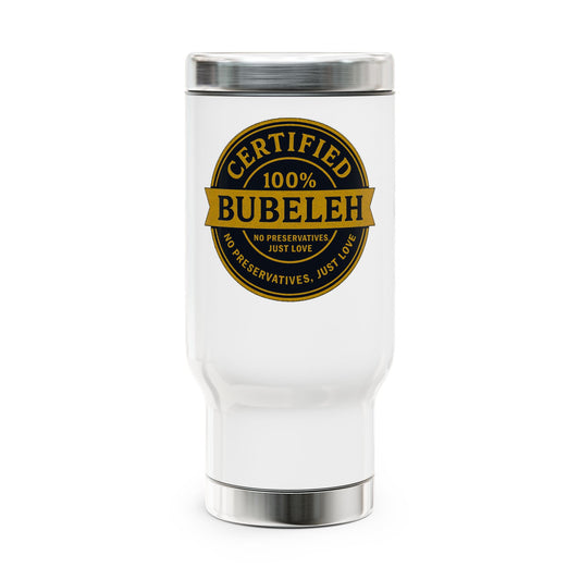 White tumbler with a gold and black 'Certified Bubeleh' design on a white background