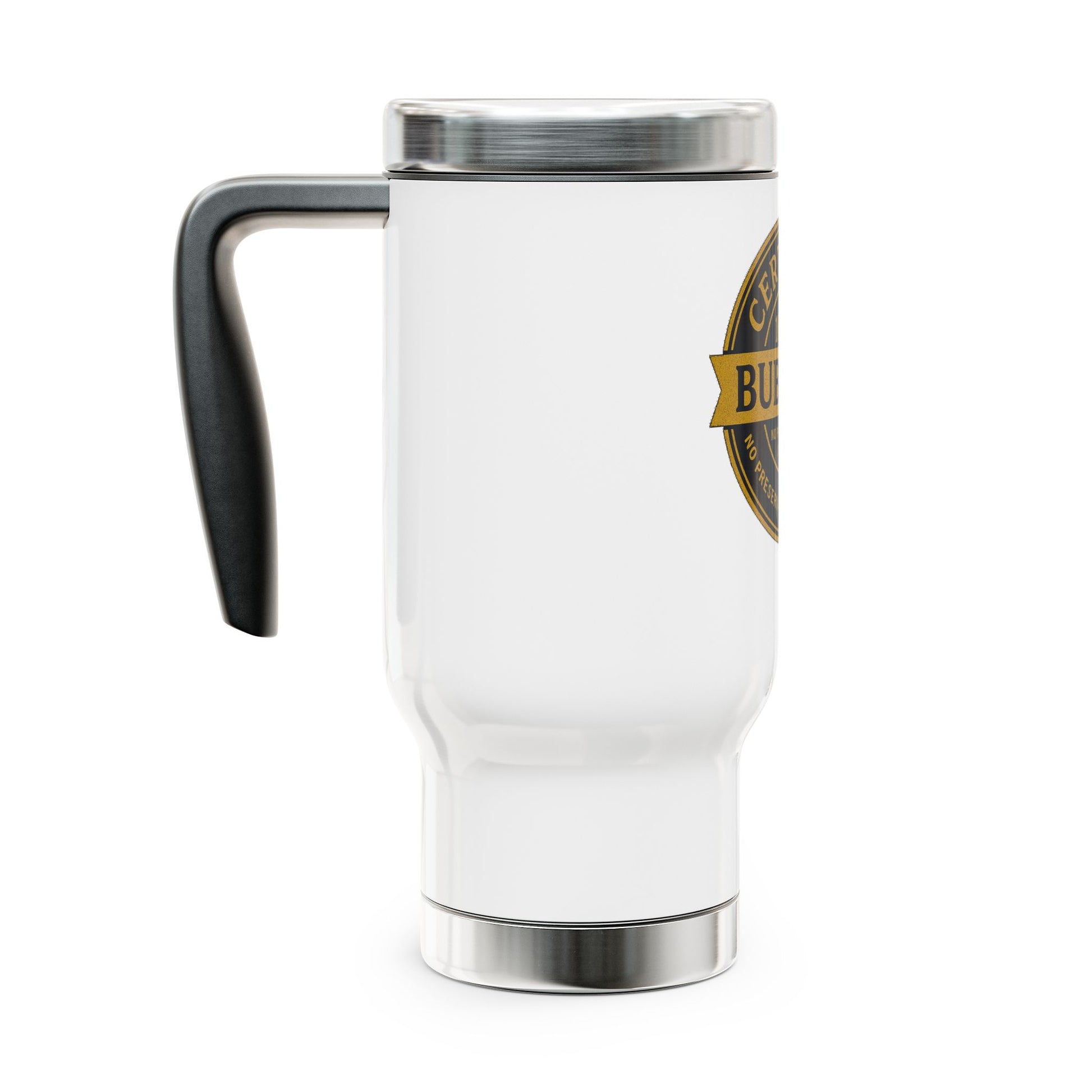 White travel mug with a black handle and logo on a white background