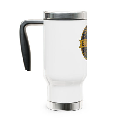 White travel mug with a black handle and logo on a white background