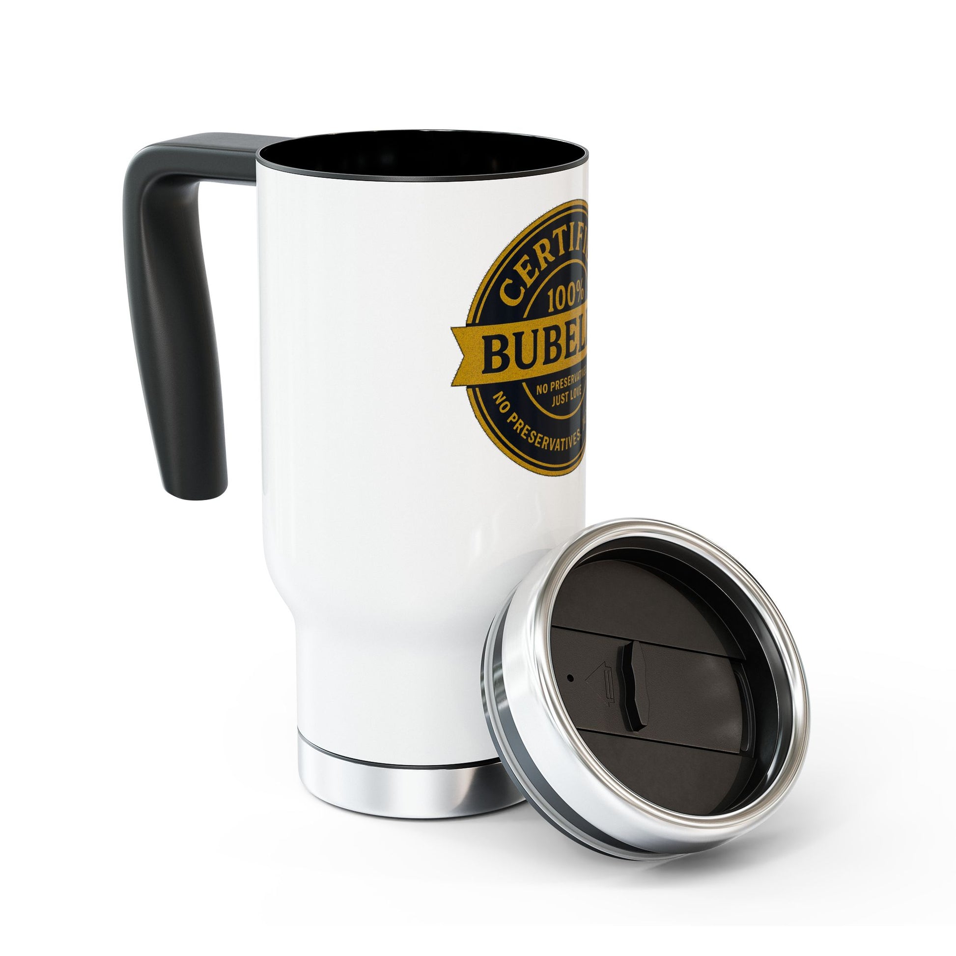 White travel mug with black interior and handle, featuring a gold and black 'Certified Bubeleh' design, on a white background.