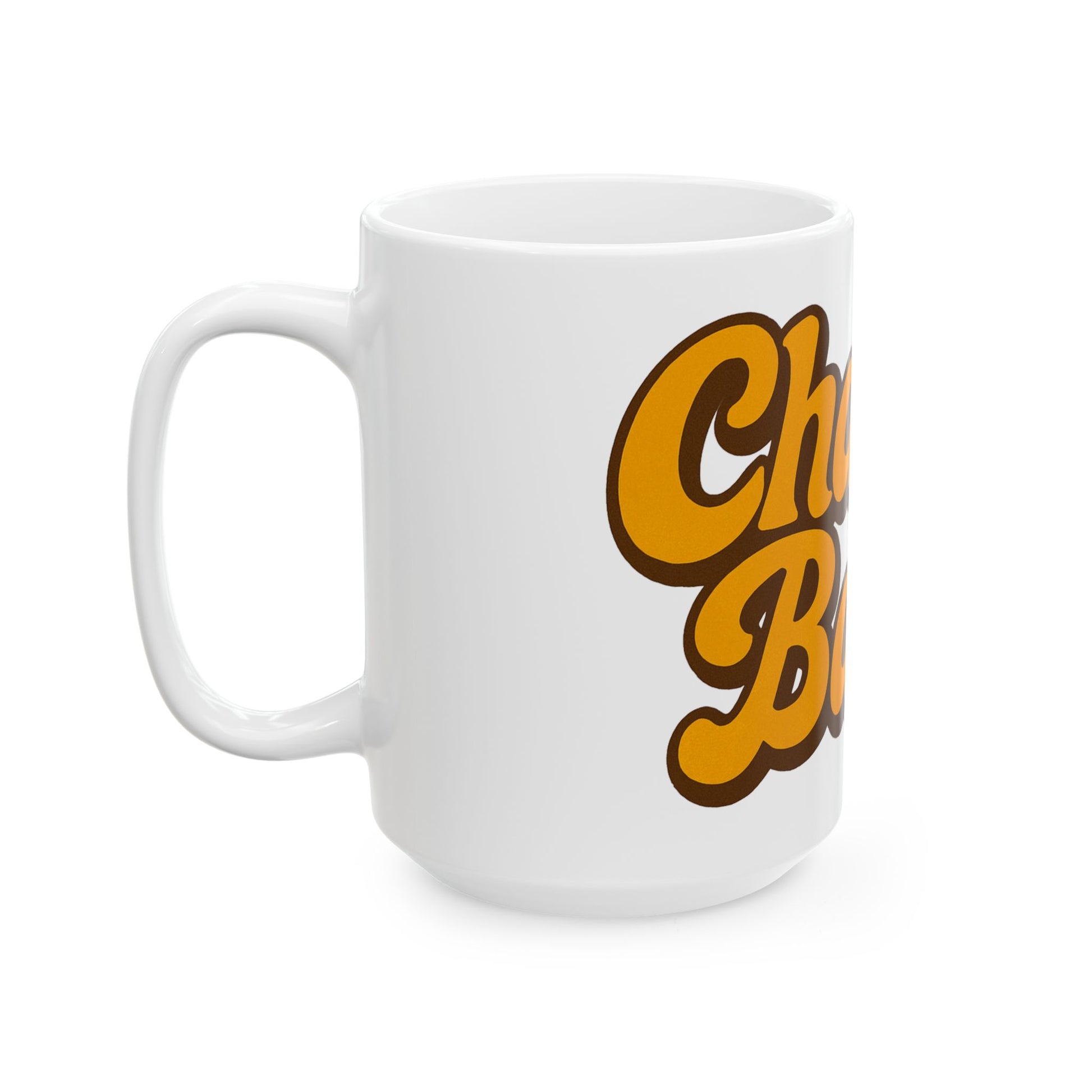 White mug with 'Challah back' text in brown on a white background
