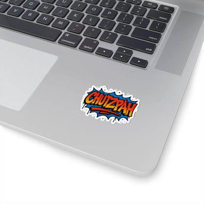 Laptop with a colorful 'CHUTZPAH' sticker on the palm rest area
