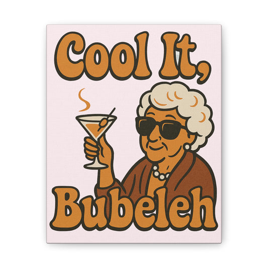 Cartoon character holding a cocktail with text 'Cool It, Bubeleh' on a light pink background