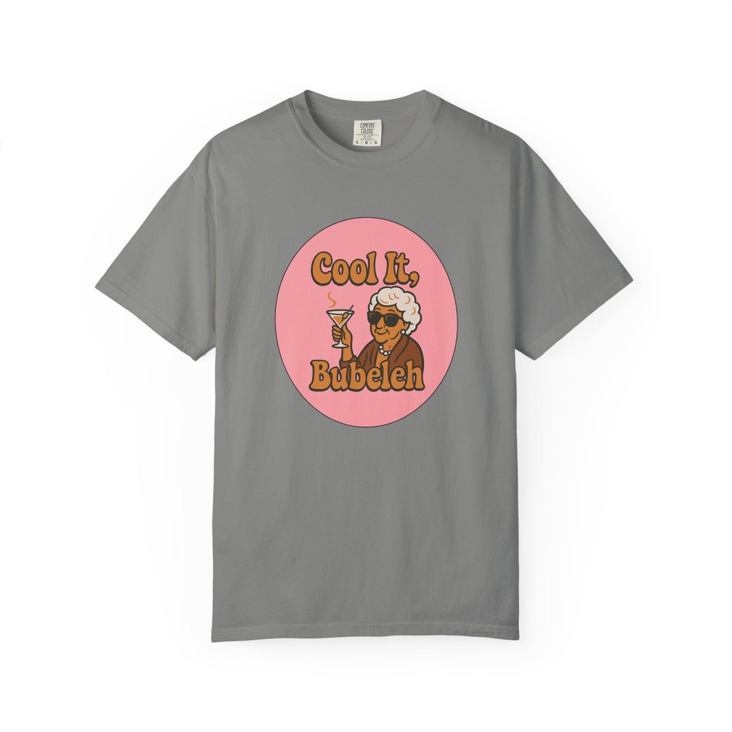 Gray t-shirt with a graphic design featuring a character holding a martini glass and text on a white background.