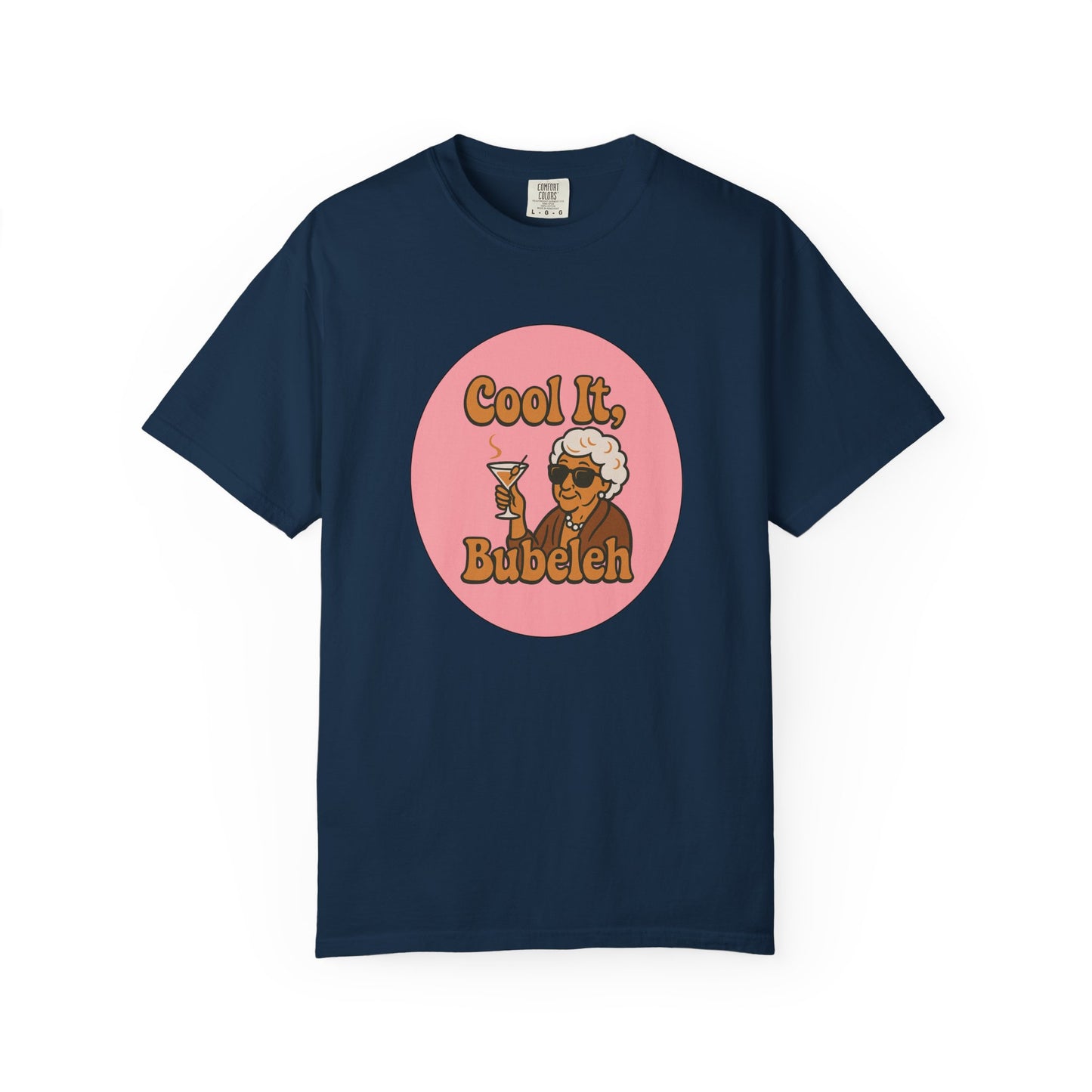 Navy blue t-shirt with a graphic design featuring a character holding a martini glass and text on a white background.