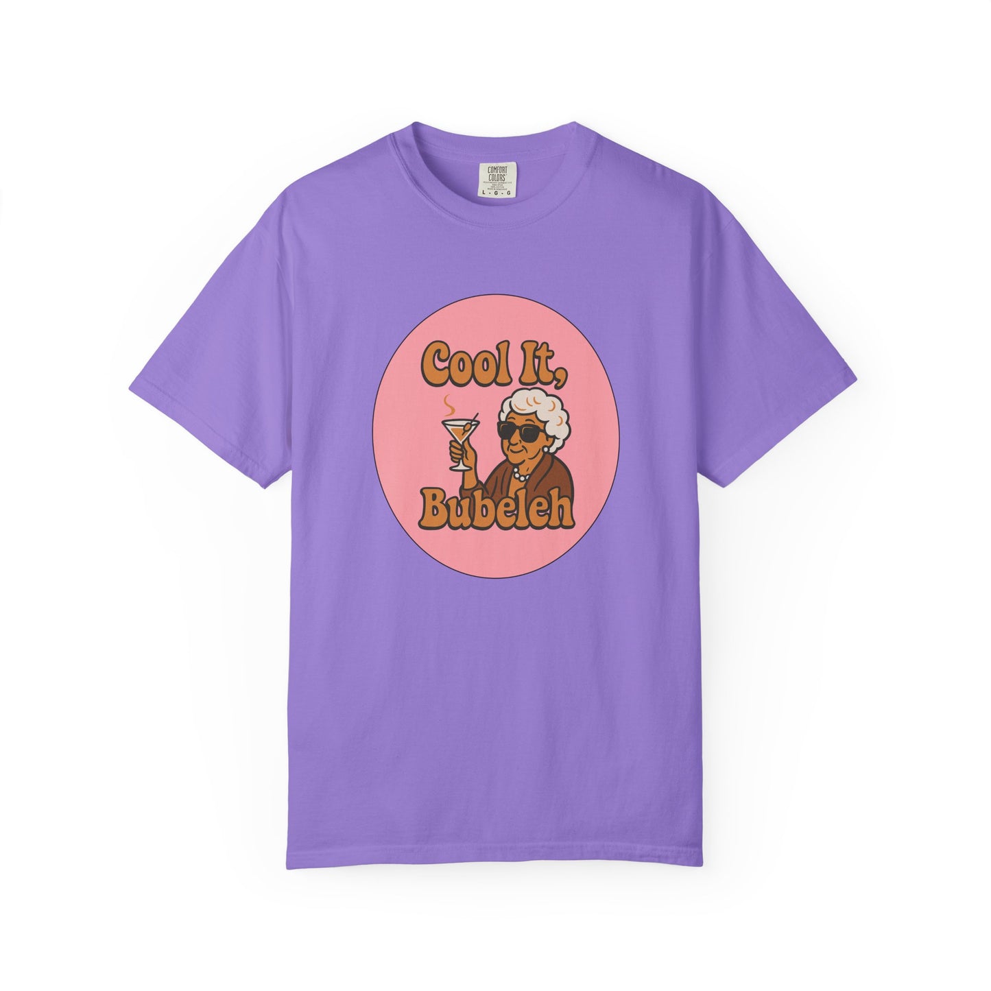 Purple t-shirt with a graphic of a woman holding a drink and text 'Cool It, Bubeleh' on a white background