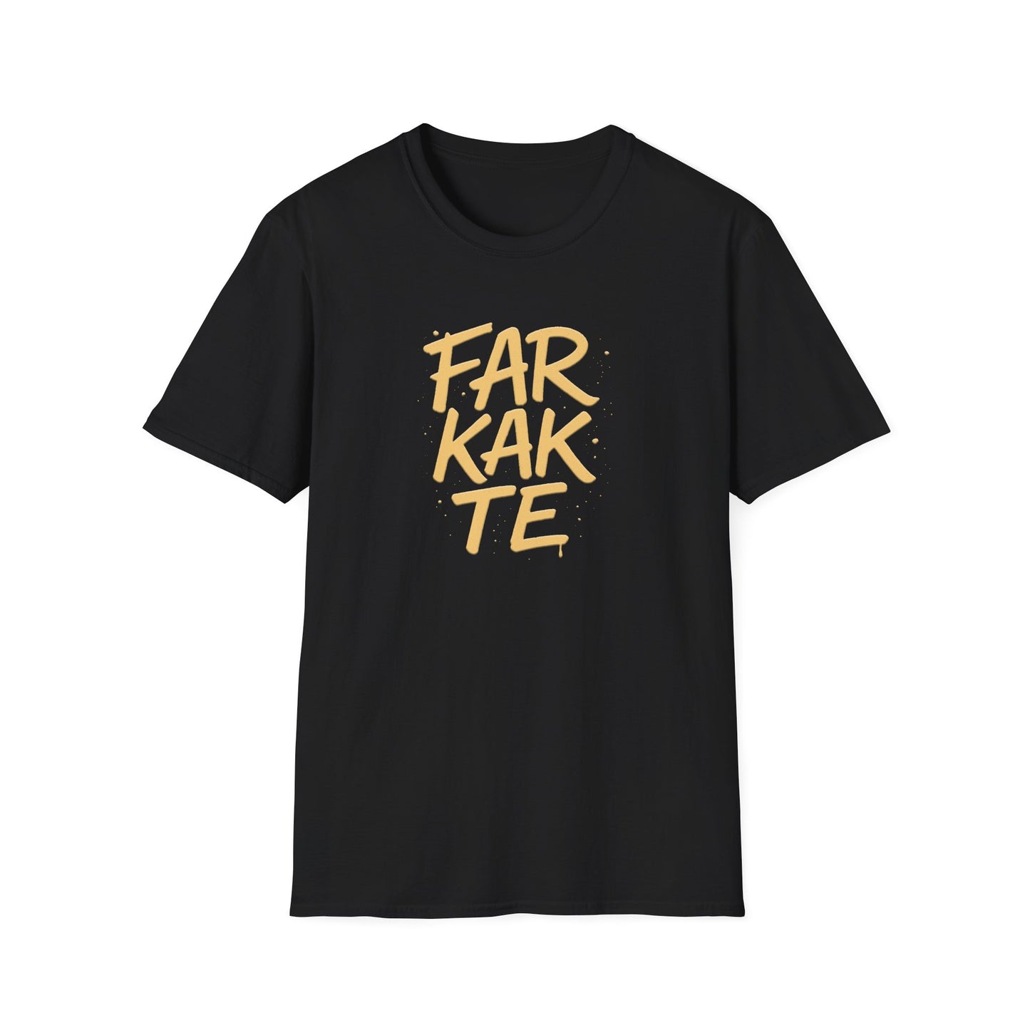 Black t-shirt with yellow text 'FARKATE' on a white background
