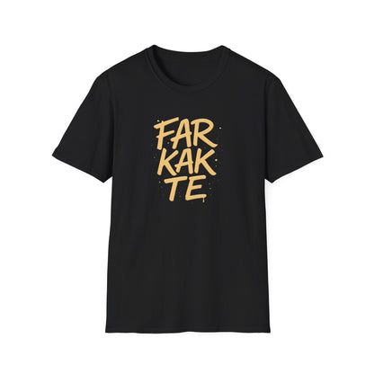 Black t-shirt with yellow text 'FARKATE' on a white background