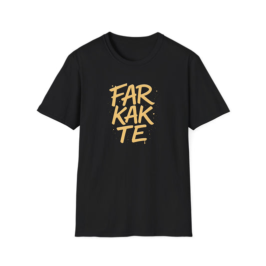Black t-shirt with yellow text 'FARKATE' on a white background