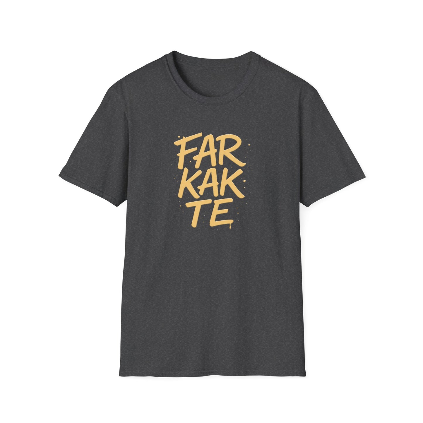 Black t-shirt with yellow text 'FARKATE' on a white background